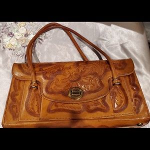 Handmade Genuine Leather Handbag Purse-Hand Tooled Floral-Brown-Vintage-Clasp